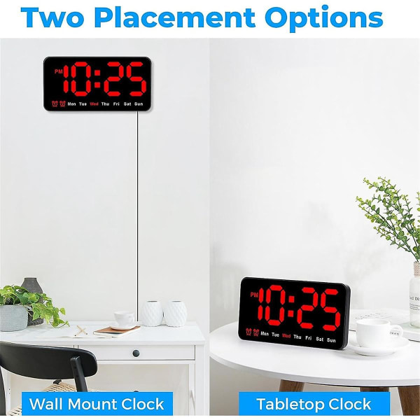 Digital veggklokke, 9-tommers LED digital klokke med 12/24h, store tall, liten stille veggklokke BlackRed Letters