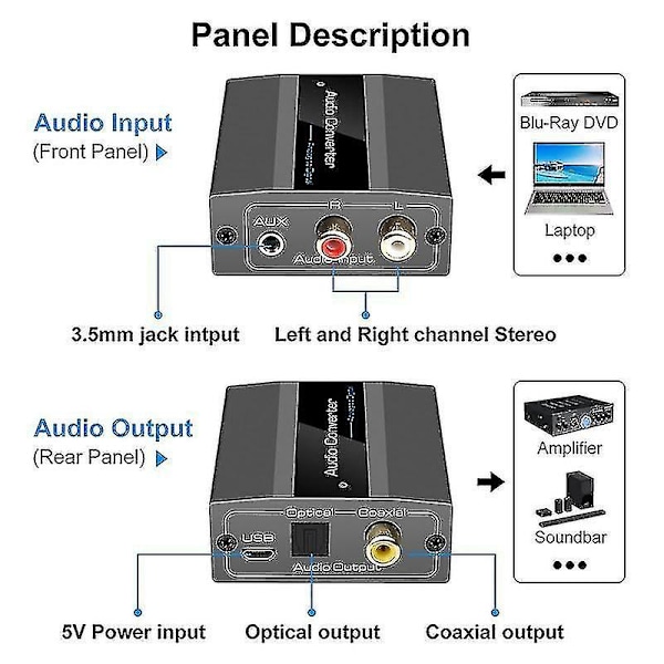 Analog til digital lydkonverterer RCA til optisk med optisk kabel lyd digital Toslink og Coaxi