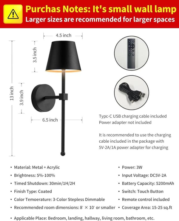 Wireless Wall Sconces 2-pack, LED Lamps with Rechargeable Battery, Stepless Dimmer with Remote Control Black