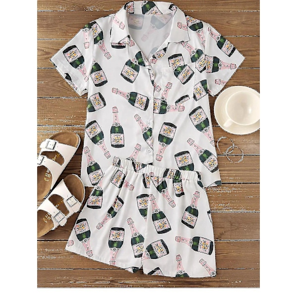 Champagne Flaskor Knapp Pyjamas Set Dam Tryckt Kortärmad 2-Delad Mjuk Lös Casual Nattkläder TA XL