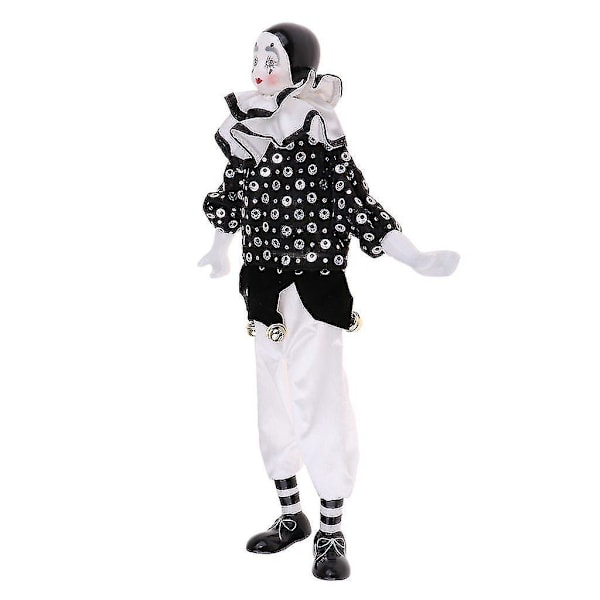 15-tommer porcelænsclowndukke klædt i hvid og sort outfit, sjov harlekindukke, cirkus pro