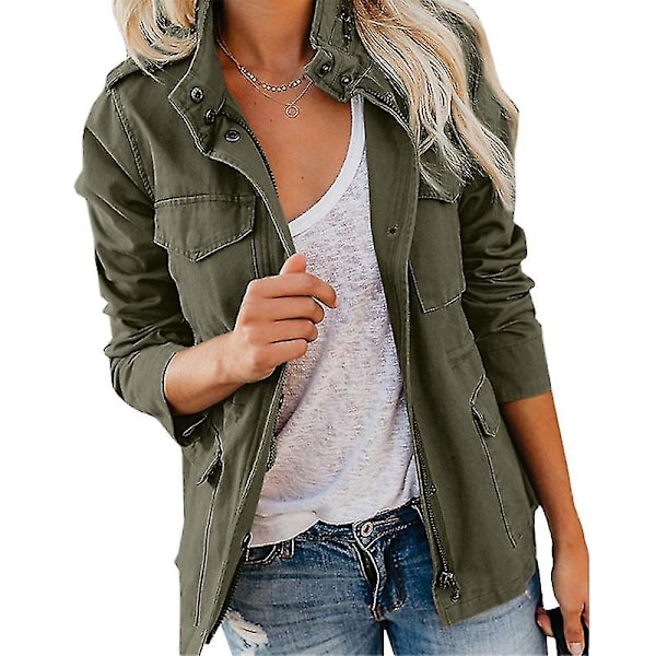 Militærjakke til kvinder med trykknapper Streetwear Efterårsfrakke Lang Sl Olivengrøn Army Green XL