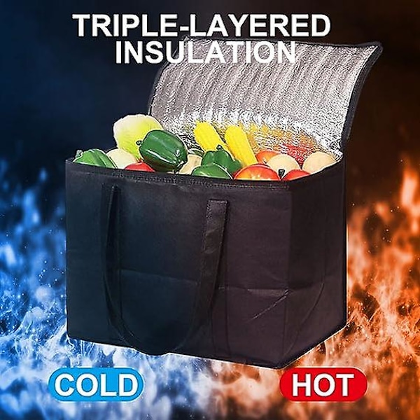 XL Isolerad Leveransväska - 41 x 33 x 26 cm - Varm eller Kall Matleveransväska för Camping, Fest, Bära Matvaror, Catering (Svart, Extra Stor)