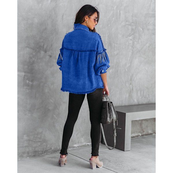 Uformell denimjakke med frynser for kvinner, mørk blå, mørk blå Dark Blue XL