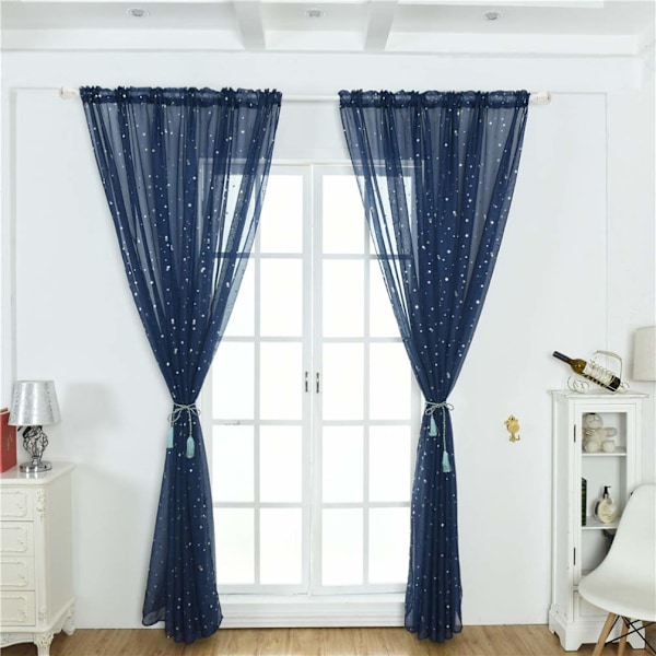 Stjerne Voile Gardin, Transparent Stjernegardin for Soverom, Glitter Stjerne Voile Panel, Mesh Nettgardin (100x270cm, Marineblå, 1 Panel) Navy