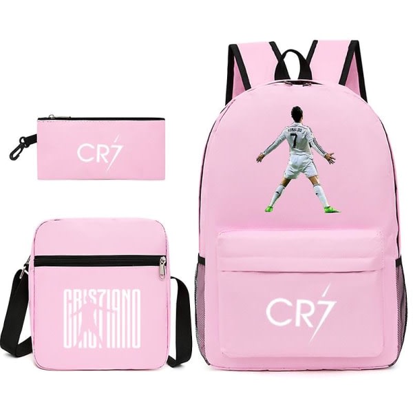 Fotboldstjernen C Ronaldo CR7 trykt rygsæk med trykt rundt om studentens tredelte rygsæk. Sort 2 tredelt jakkesæt