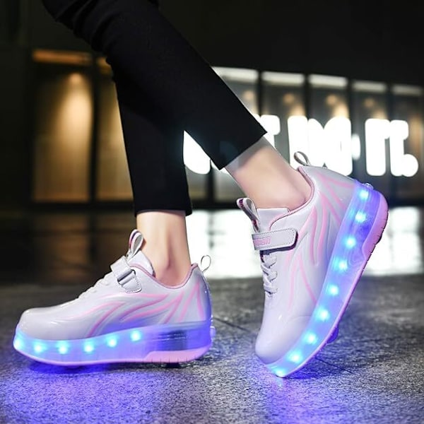 Børne LED USB genopladelige sko med enkelt hjul hvide og pink white and pink 38