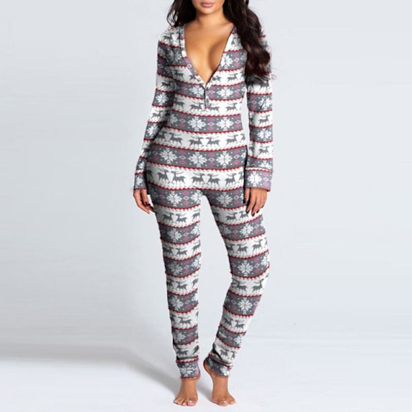 Dam En-delt Trykt Nattkjole Julpyjamas Jumpsuit Romper Långärmad Nattkjole Hvit White XL