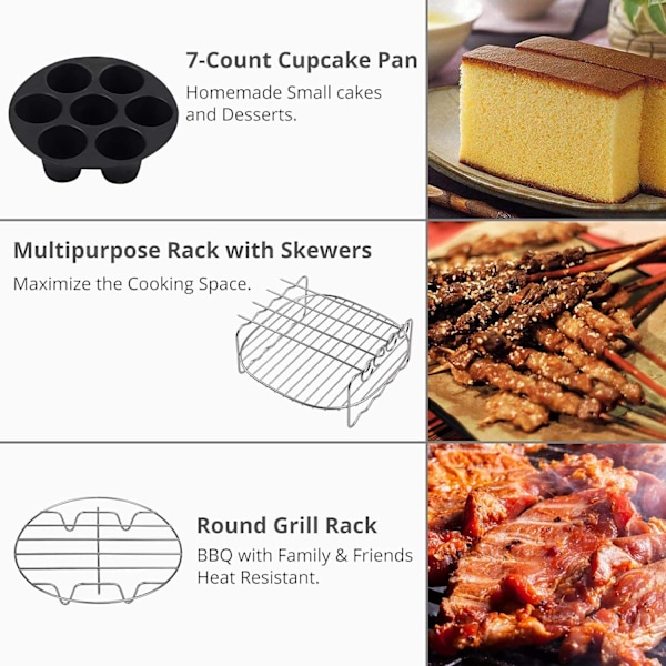7 tommer 17 deler Power Round Air Fryer tilbehør 5,5L Fritöstilbehør passer 3,2L-8,1L