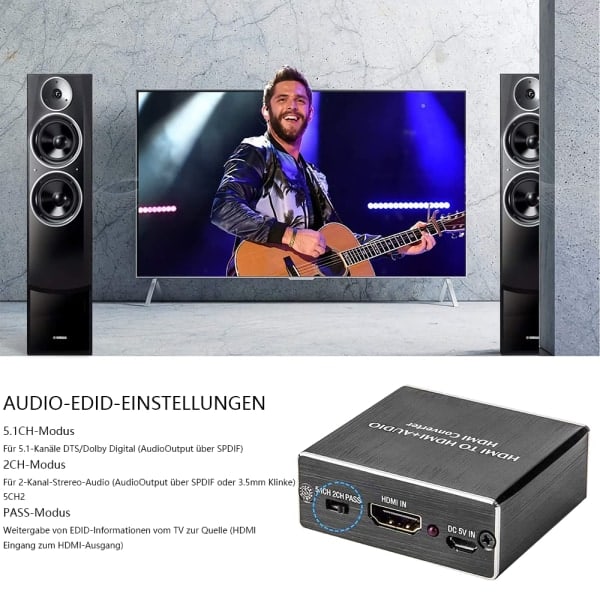 4K HDMI Audio Extractor Converter, HDMI til SPDIF Converter | HDMI til HDMI og Optisk SPDIF med 3.5mm Stereo Støtte 3D, 1080p