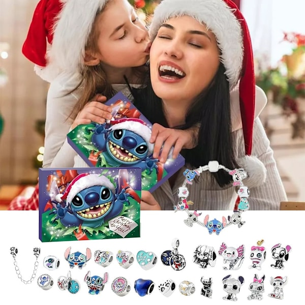 Stitch Julkalender Armbånd 2024 Piger 24 Dage Julnedtælling Kalender DIY Smykkefremstillingssæt 22 Charm Perler 2 Armbånd-Xin