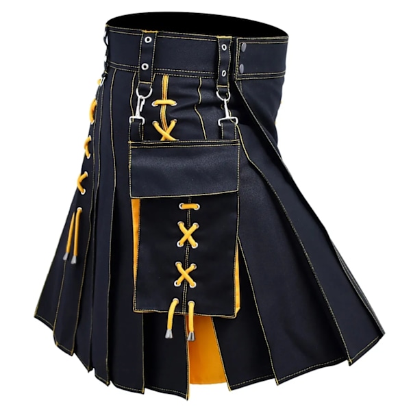 Herre Kilt Utility Skotsk Traditionel Highland Solid Plisseret Spænde Spænde Kostume Kilts med Lastlommer Gul Yellow L