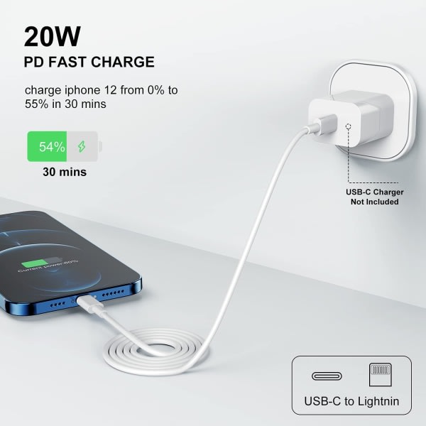 2 stk iPhone hurtiglader USB-C power 20W + Kabel Hvit