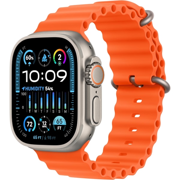 2 [GPS + Cellular 49mm] Smartklocka med robust titankapsling och orange Ocean-armband.