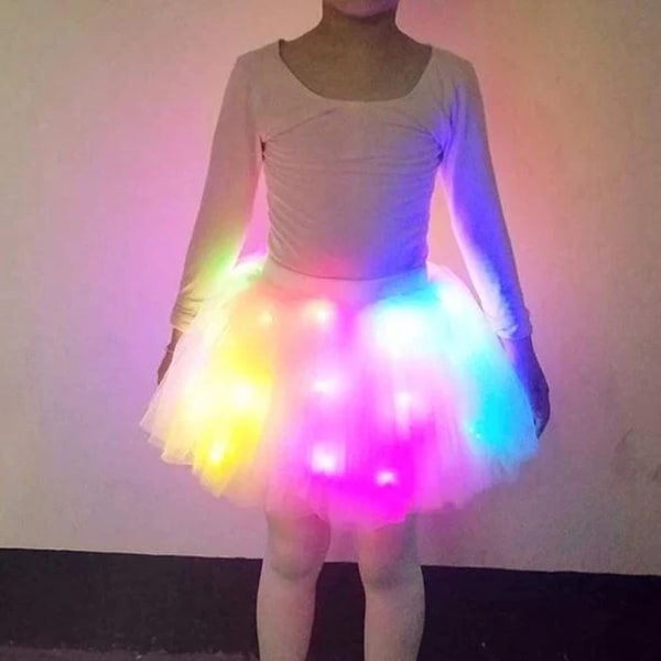 Lysende LED Fluffy Skjørt for Jenter Lagdelt Ballett Dans Plissert Skjørt for Bursdag White