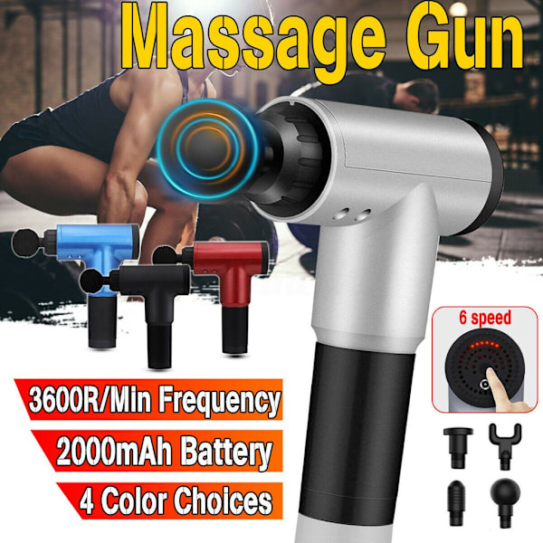 Massagepistol med 4 massagehuvuden, elektrisk massagepistol, djup vävnadsmuskelmassage, handhållen massager med 6 växlar 2100-3600 / min, svart