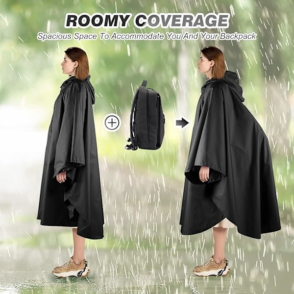 Regnkappa för damer, lång regnponcho, vattentätt regnkläder, regnjacka, vindtätt regnskydd, regnkappa, regnkläder med ficka med lock black
