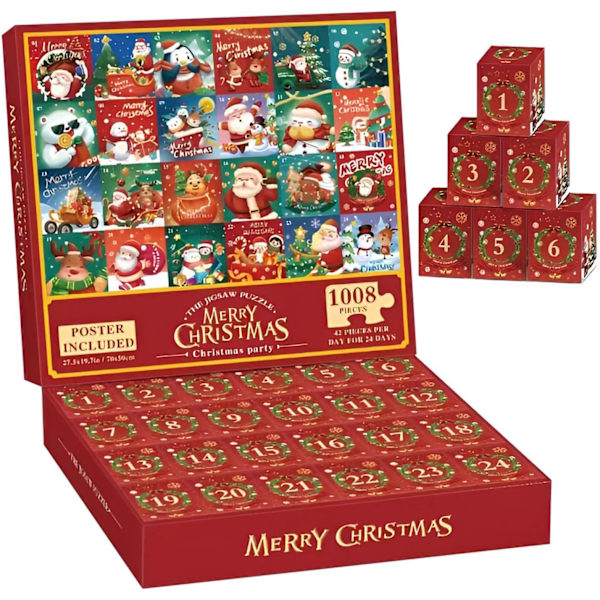 Jigsaw-adventskalender 2024, puslespil-adventskalender 2024 med 24 æsker 1008 brikker, 24 dages adventsnedtælling for voksne børn