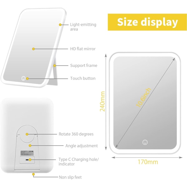 Sminkningsspegel med LED-ljus, typ-c, uppladdningsbar