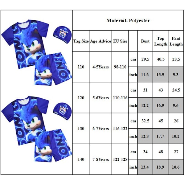 Sonic Barn Sommarbadkläder 3 Delar Toppar och Shorts Med Hatt 140cm