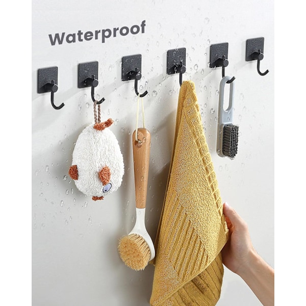 Selvklebende Kroker Kraftige, Veggkroker for Oppheng, Håndklekroker for Jakker/Morgenkåper/Håndklær for Montering på Badet, 6-Pakning, Svart