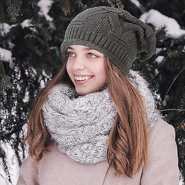 Sztxj Fashion 2-pakke - Beige & mørkegrå dame slouchy lue vinter strikket myk hatt for kvinner og menn