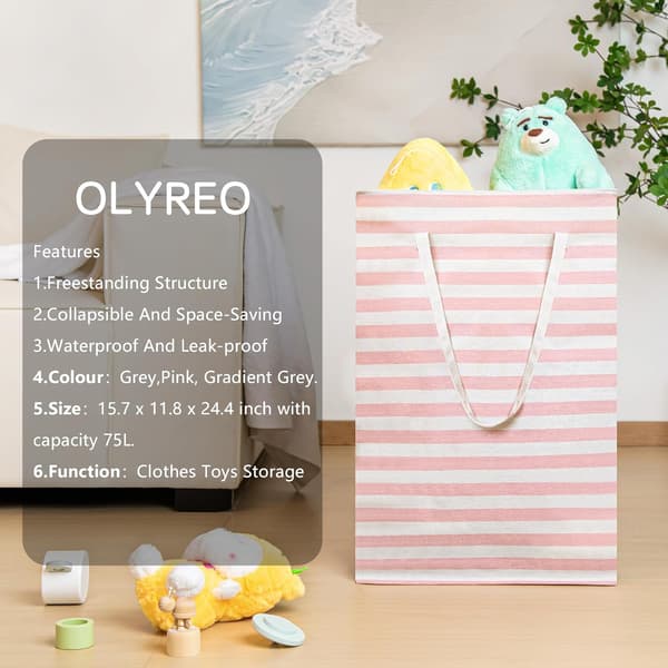 75L Large Laundry Basket - Freestanding Waterproof Laundry Hamper with Extended Handle - Foldable Tall Laundry Basket Pink