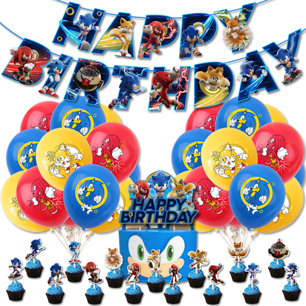 Tecknad Sonic Födelsedagsfest Dekorationer Ballong Banner Set[JR] D