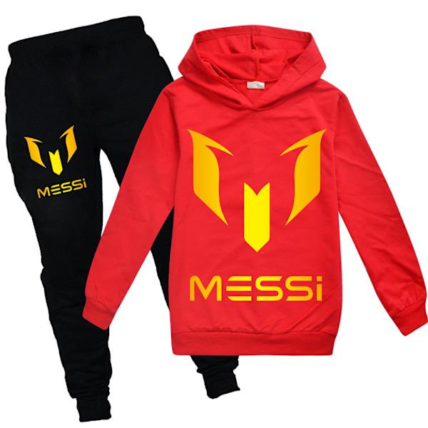 Barn Messi Forår-Efterår Tracksuit Sæt Hoodie Sweatshirt T-shirt + Sportbukser Rød Red 150cm