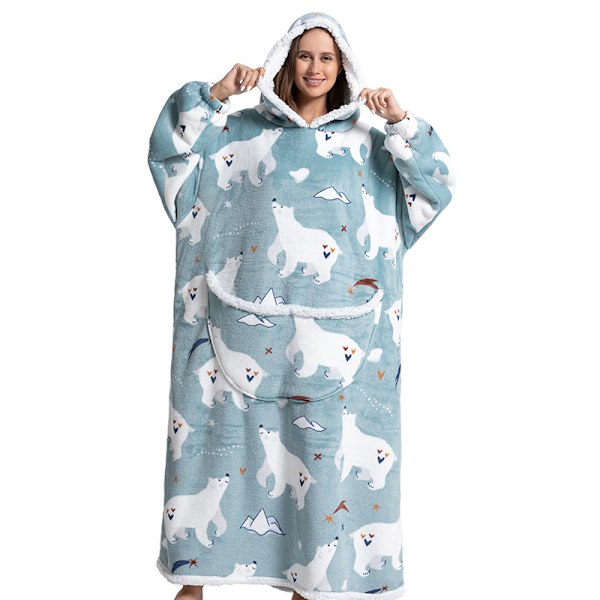 Fleece Hoodie Tæppe til Kvinder med Ærmer, Kæmpe TV Bærbart Kast White Bear