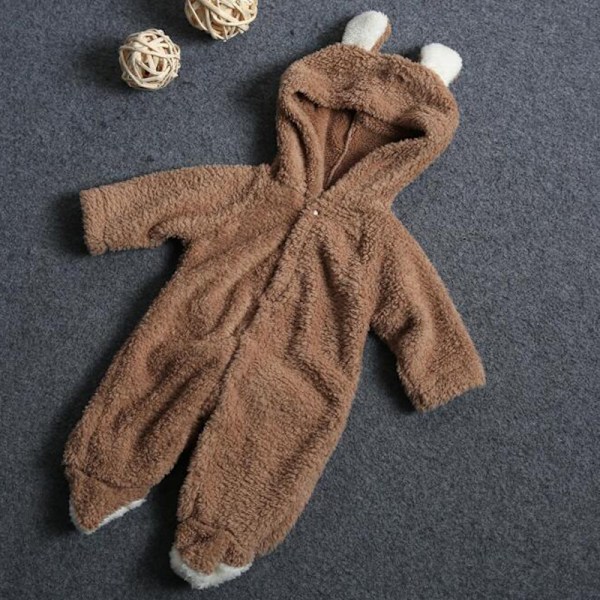 Vinter Spædbarn Baby Romper med Hætte Bjørnedragt Dreng Pige Blød khaki