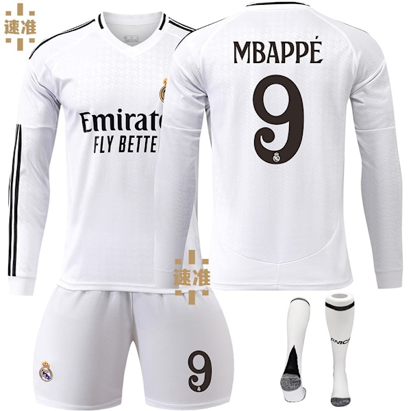 Real Madrid Hjemme Børne Langærmet Fodboldtrøje Sæt Nr 9 Mbappe 2024-2025 24-25 home long sleeve S