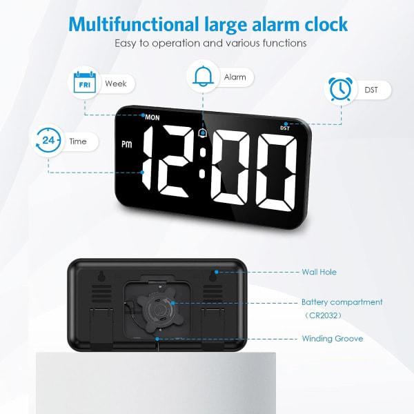 Digital veggklokke Stor skjerm 11' Stor digital klokke med automatisk dimming 12/24H Stille veggklokke for stueinnredning