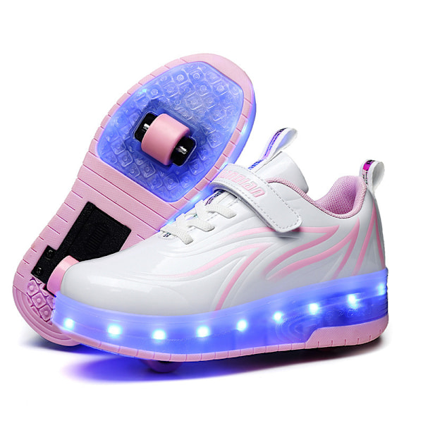LED USB genopladelige sko med enkelt hjul til børn, hvide og pink white and pink 39