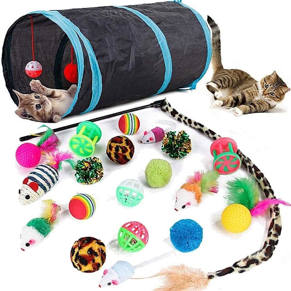 21 Pcs Cat Toys for Indoor Cats, Collapsible Cat Tunnel, Interactive Spring, Teaser, Rod, Ball, Toy for Kittens