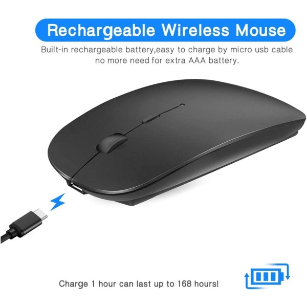 Uppladdningsbar Bluetooth-mus för MacBook Pro/MacBook Air/iPad, trådlös mus för bärbar dator/notebook/PC/Chromebook (svart)
