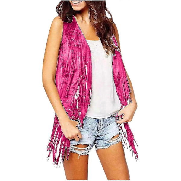 70-talls topper for kvinner denimskjorte disco frynsevest jakke - perfekt Hot Pink 3 Hot Pink 3 M