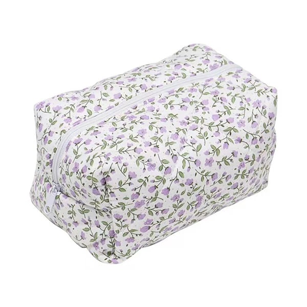 Blomstermønstret Puffet Quiltet Makeuptaske Stor Rejsetaske LILLA purple