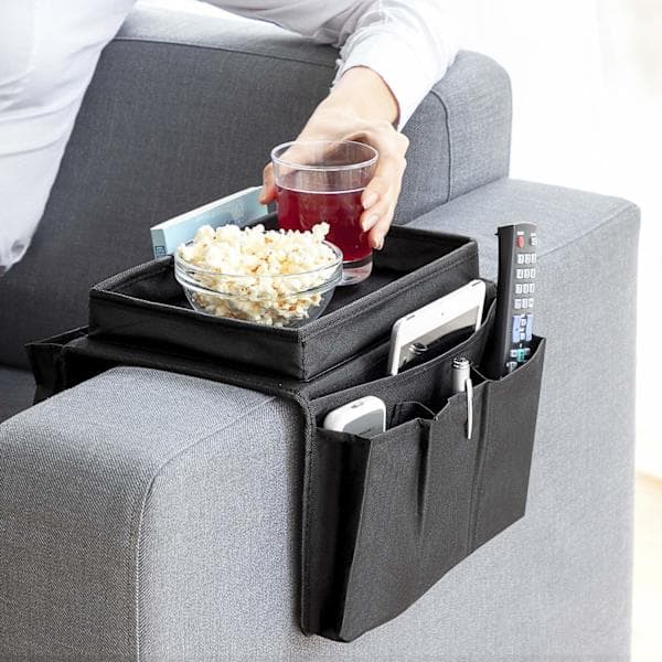Armrest Tray with 6 Side Pockets - Black, Coffee Table Organizer, Foldable and Portable