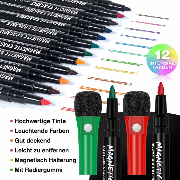 12 magnetiske whiteboard-tuscher og viskelæder-sæt - Farvede whiteboard-tuscher, der kan slettes - Tør-slette-tuscher - Tynde whiteboard-tuscher til børn, viskelæder