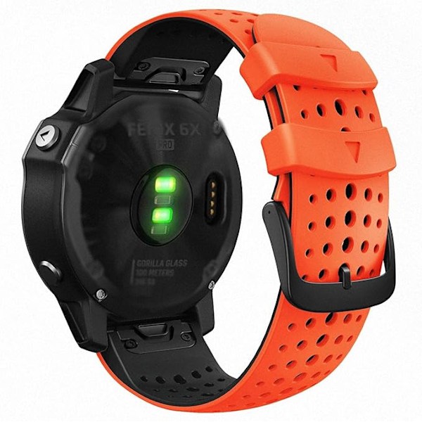 QuickFit 26 mm silikon myk sports vanntett pustende armbånd for Garmin Fenix 5X Plus, Fenix 6X Pro/safir, Enduro, Tactix Bravo Orange-svart