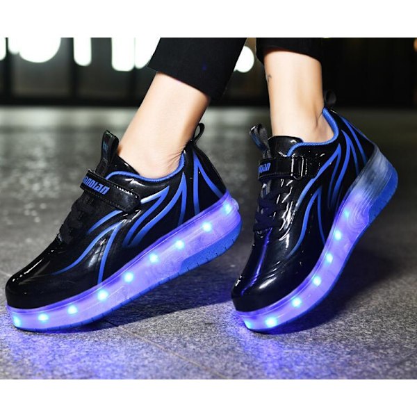 Barn LED USB Uppladdningsbara Enkelhjulsskor svart och blå black and blue 30