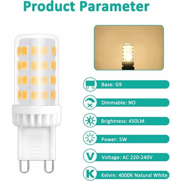 G9 LED Bulb 10-pack, 5W 4000K Cool White Light, 360 Degree Beam Angle, Halogen Replacement