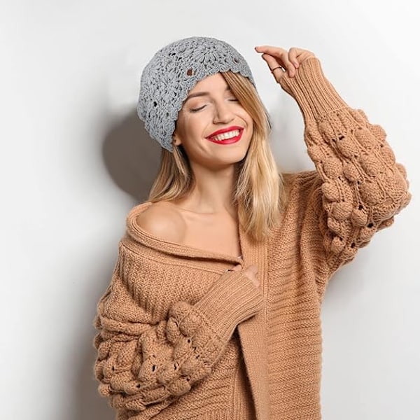 4 stk. slouchy beanie hæklet hat efterår håndlavet strikket blomstret skull cap bomuld udskåret sommerhatte til kvinder let strikket (JS)