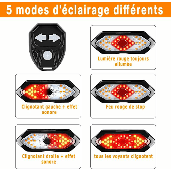Blinklys og baglygte til cykel med lydeffekter, trådløs fjernbetjening