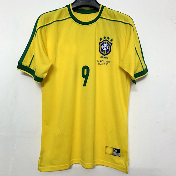 VM 1998 Brasil Hjemme Kortærmet Retro Trøje 1998 Nr 9 Ronaldo Jr. Rivaldo L L