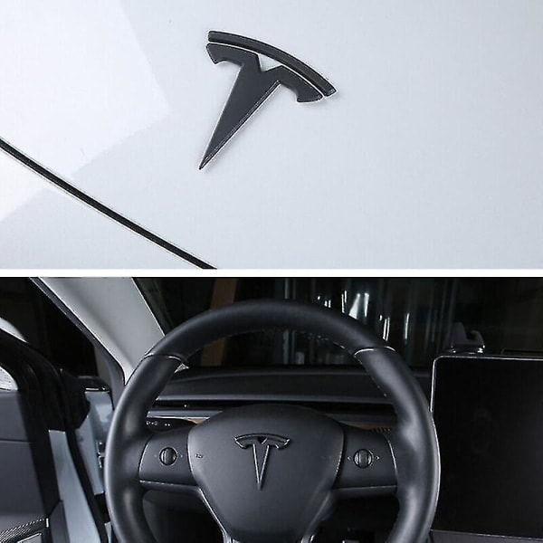 3x mattamusta T-logotyp huv- och bagageluckemblem för Tesla Model Y