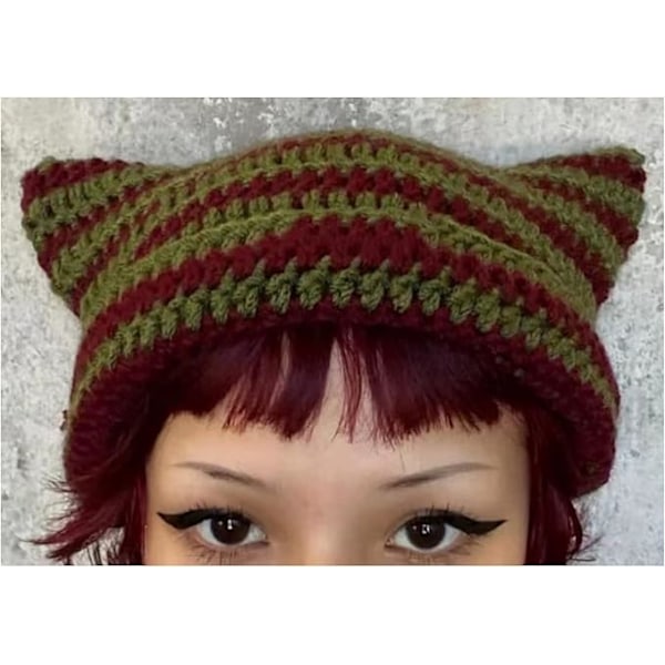 Kattöron Beanie  Randig Virkad Hatt, Djävulstripes Vinter Stickad Beanie Hatt, Fairy Grunge Huvudbonader Tillbehör för Kvinnor Red