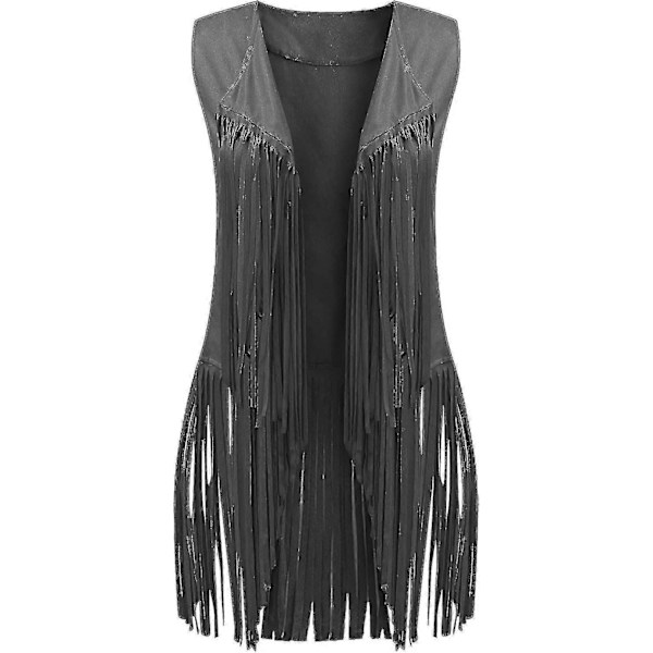 70-talls topper for kvinner denimskjorte disco frynsevest jakke - perfekt mørkegrå Dark Gray S