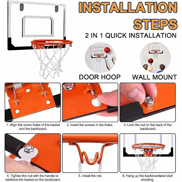 Minibasketkurv for barn og voksne, innendørs minibasketkurv for veggdør og soverom, skrivebord med 1 basketball.